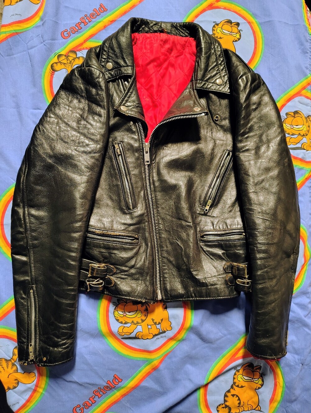 VINTAGE 1970s British Double Rider Heavy Leather Jacket / Red Quilted Liner 44R - Picture 8 of 8